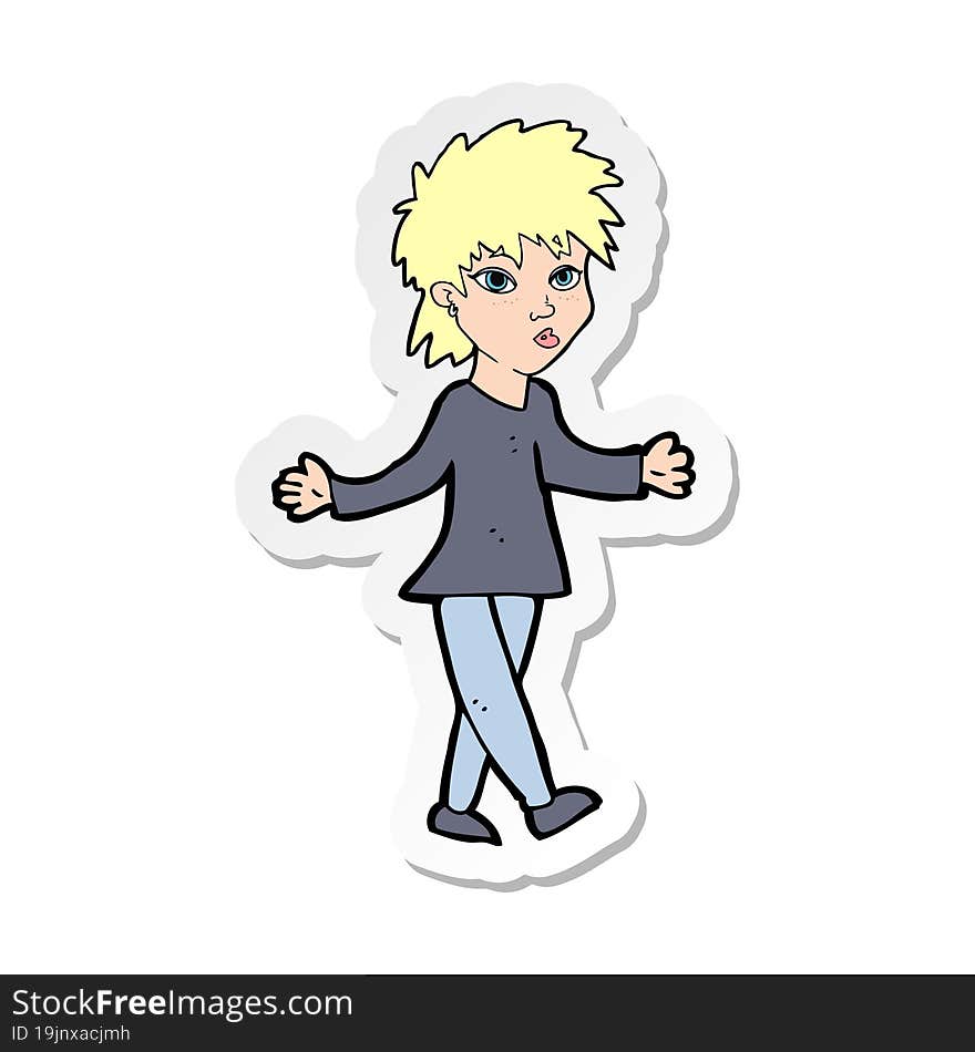 sticker of a cartoon woman shrugging shoulders