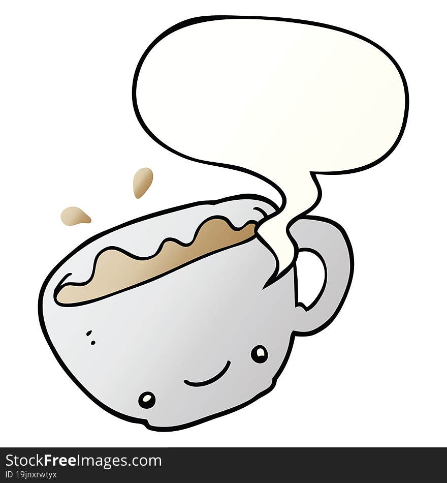 cartoon cup of coffee and speech bubble in smooth gradient style