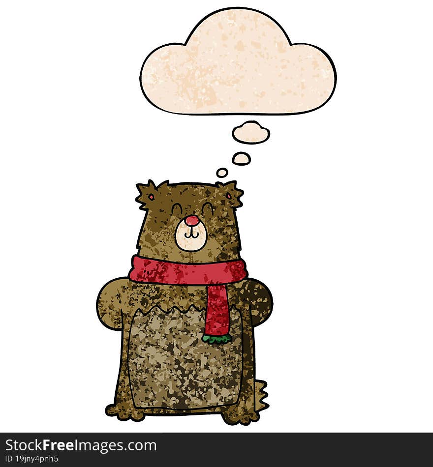 cartoon bear and thought bubble in grunge texture pattern style