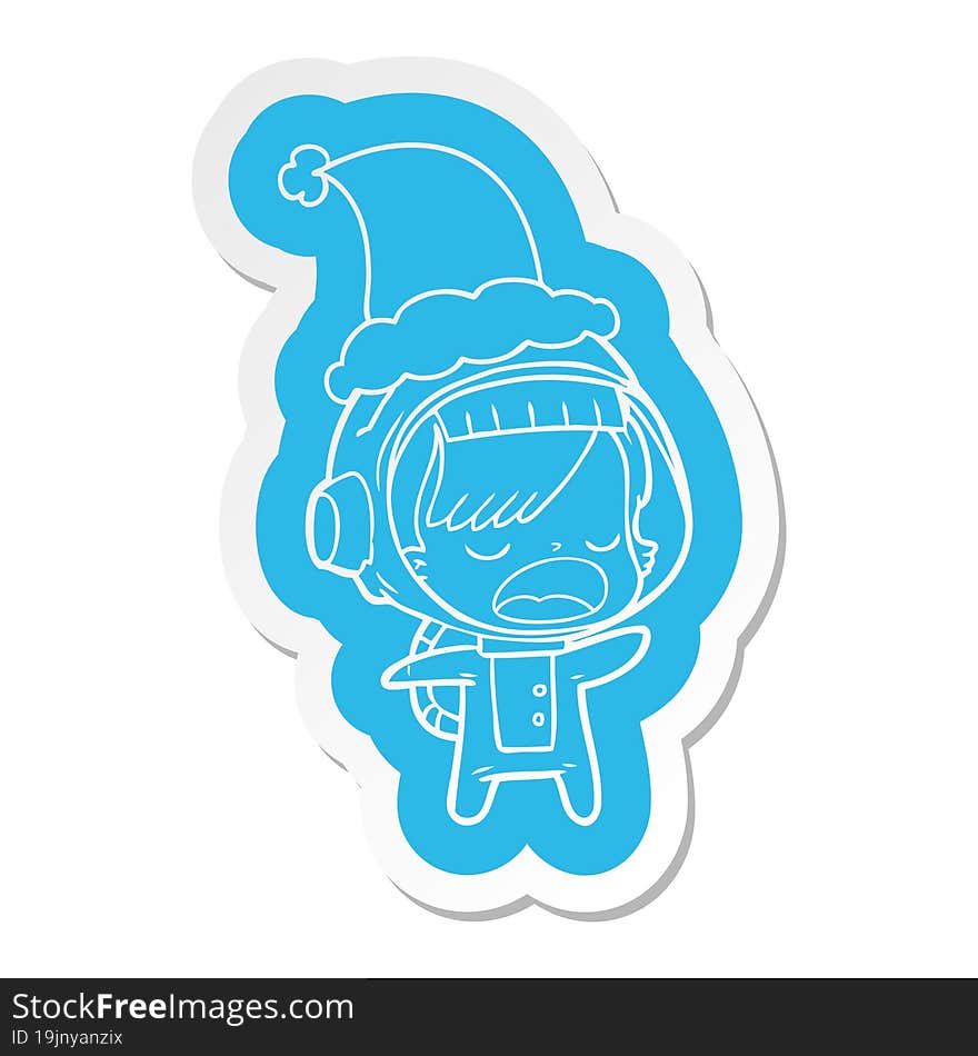 cartoon  sticker of a talking astronaut woman wearing santa hat