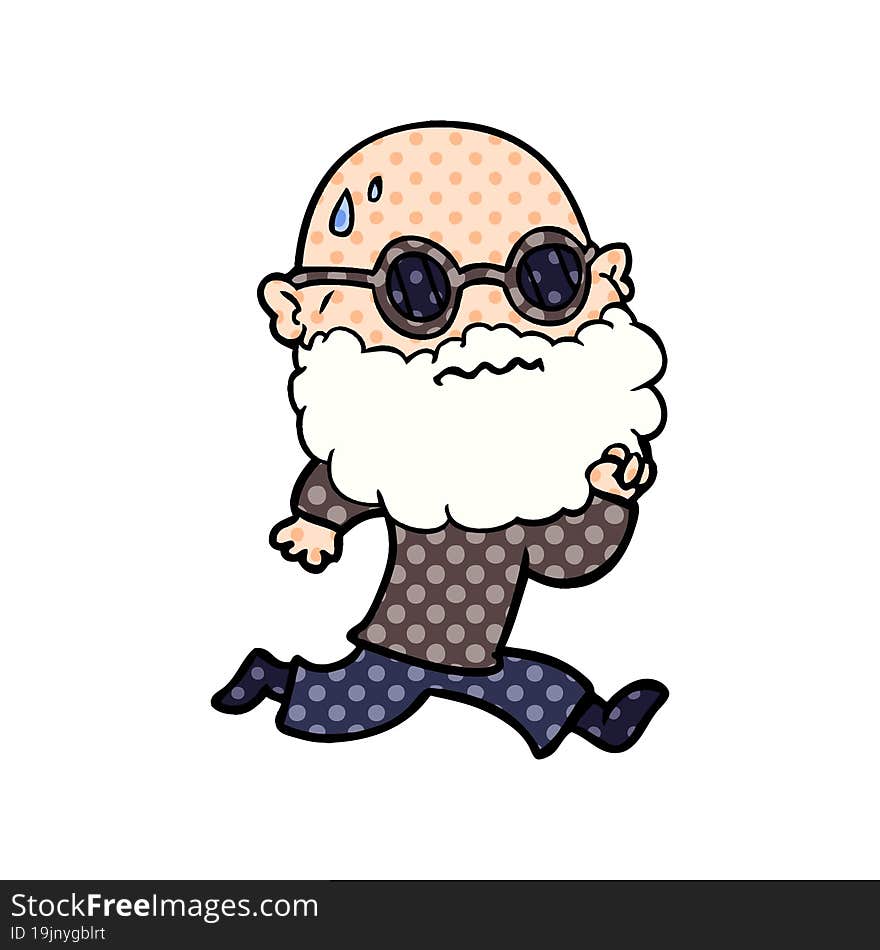 cartoon running man with beard and sunglasses sweating. cartoon running man with beard and sunglasses sweating