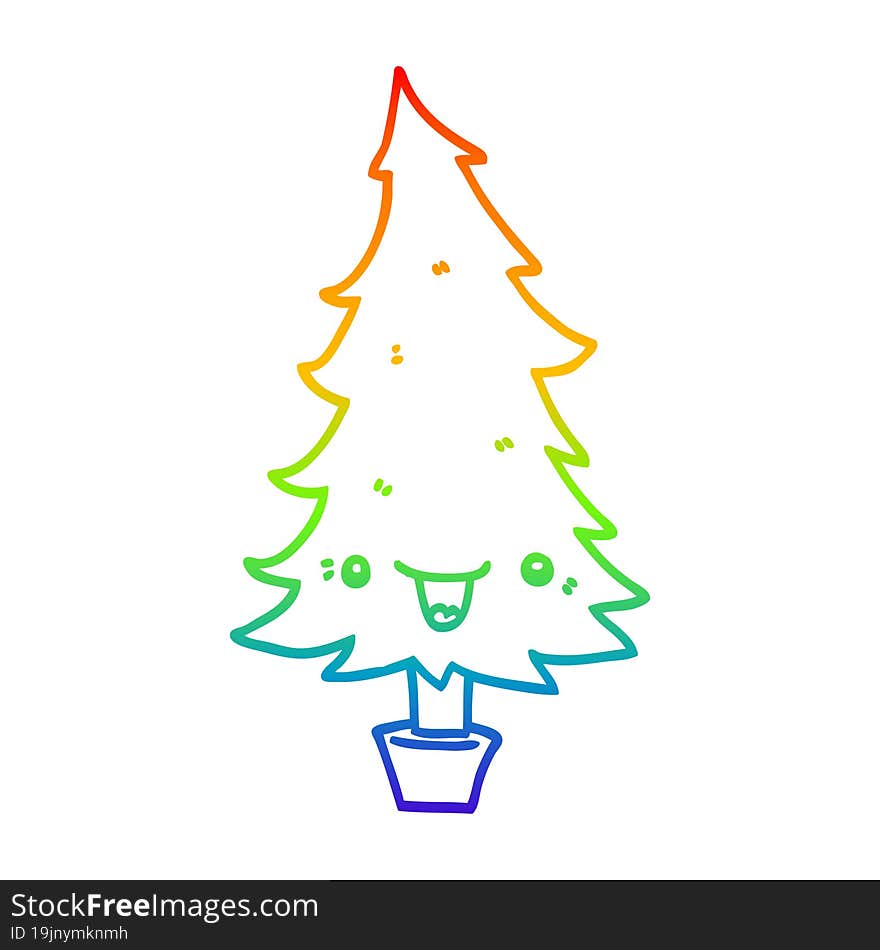 rainbow gradient line drawing of a cute cartoon christmas tree