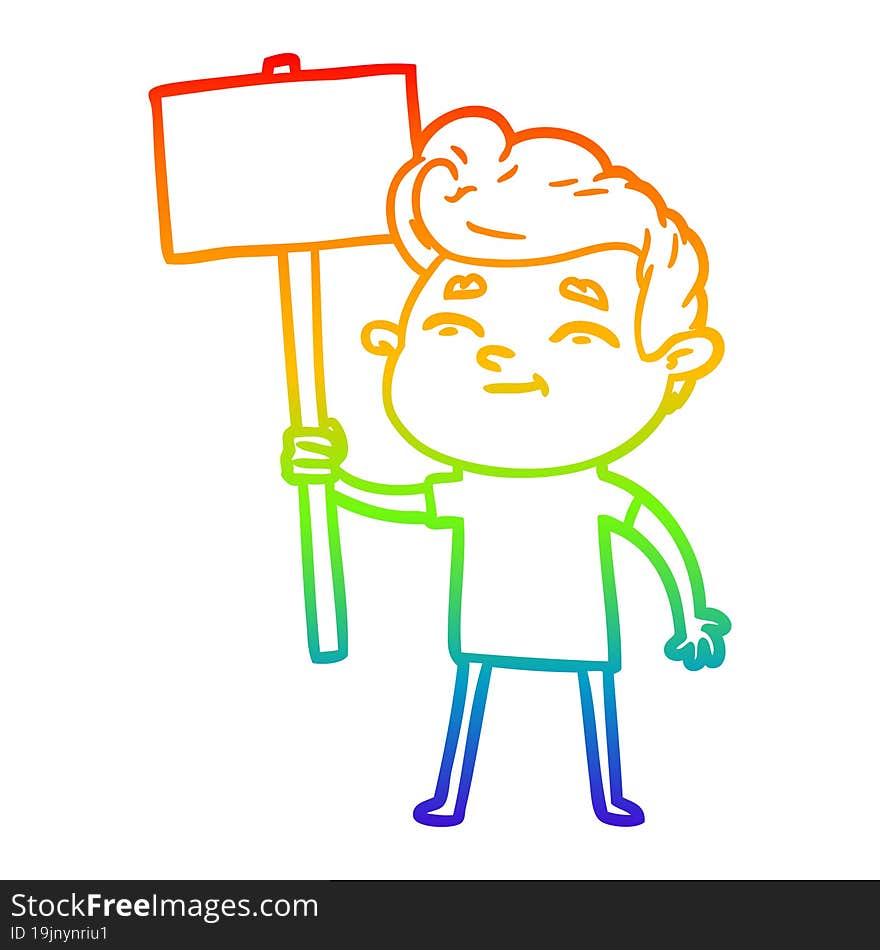 rainbow gradient line drawing of a happy cartoon man with sign