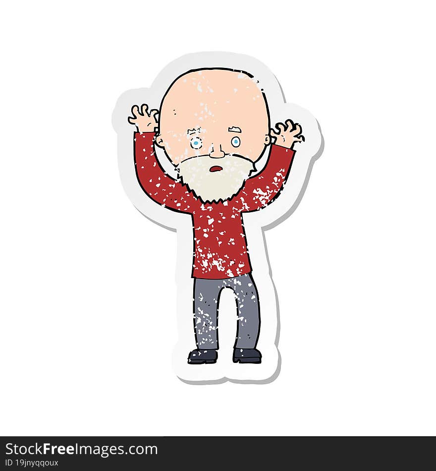 retro distressed sticker of a cartoon bearded man panicking