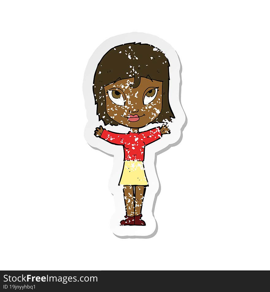 retro distressed sticker of a cartoon woman with open arms