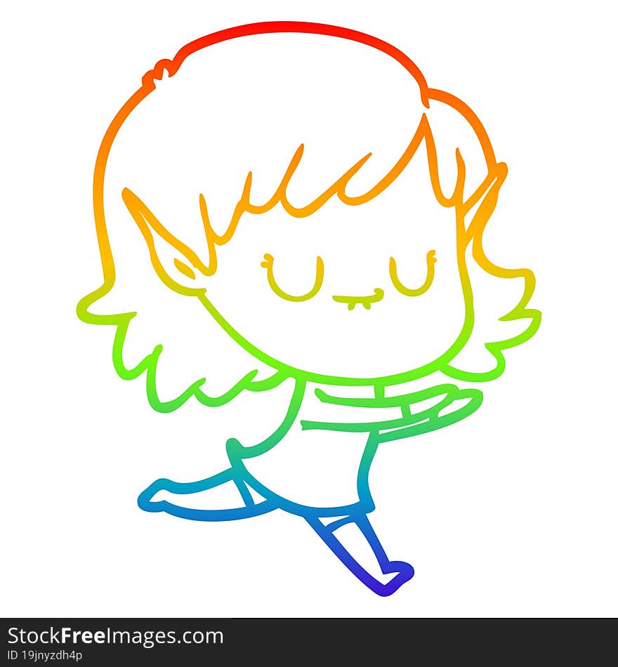 rainbow gradient line drawing happy cartoon elf girl posing