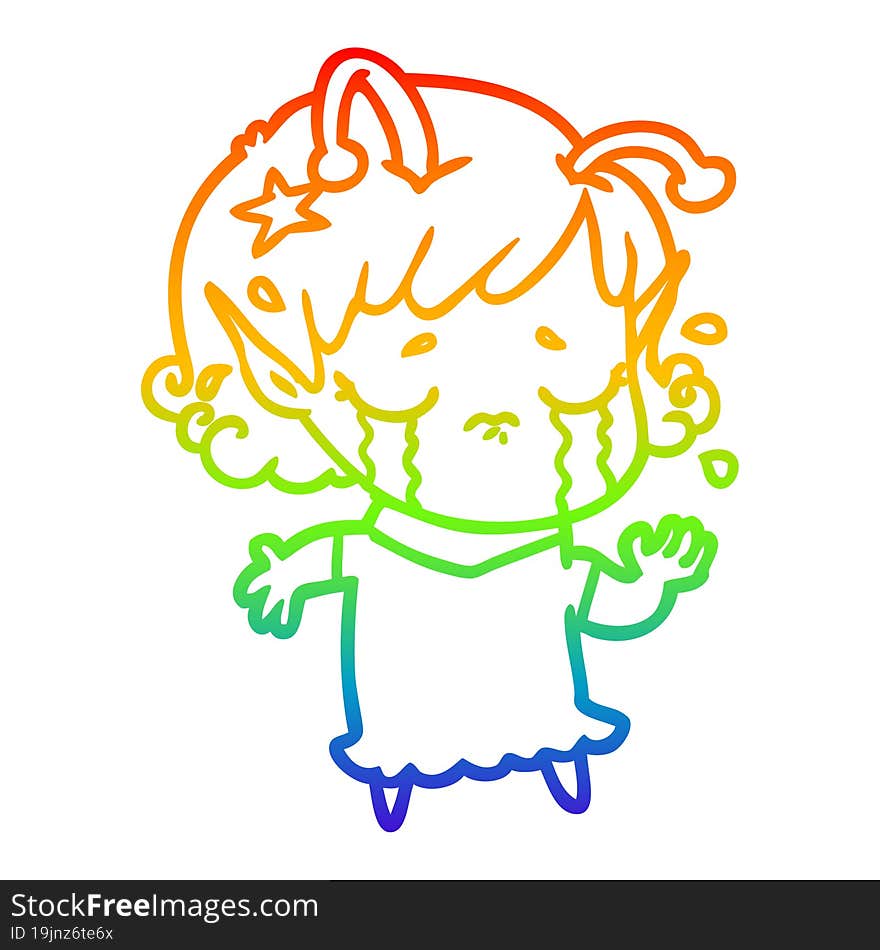 rainbow gradient line drawing of a cartoon crying alien girl