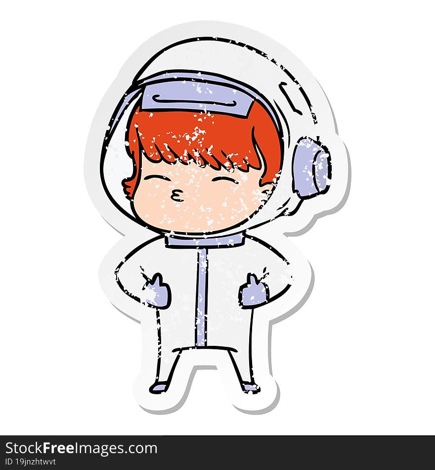 distressed sticker of a cartoon curious astronaut