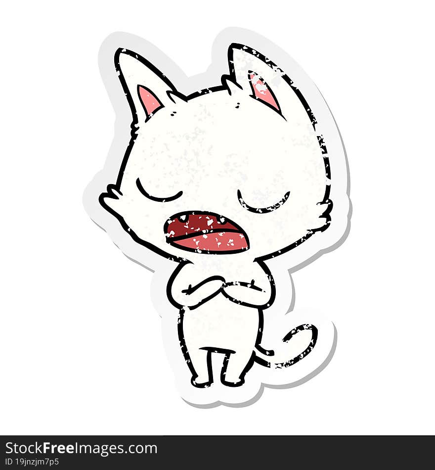 Distressed Sticker Of A Talking Cat Cartoon