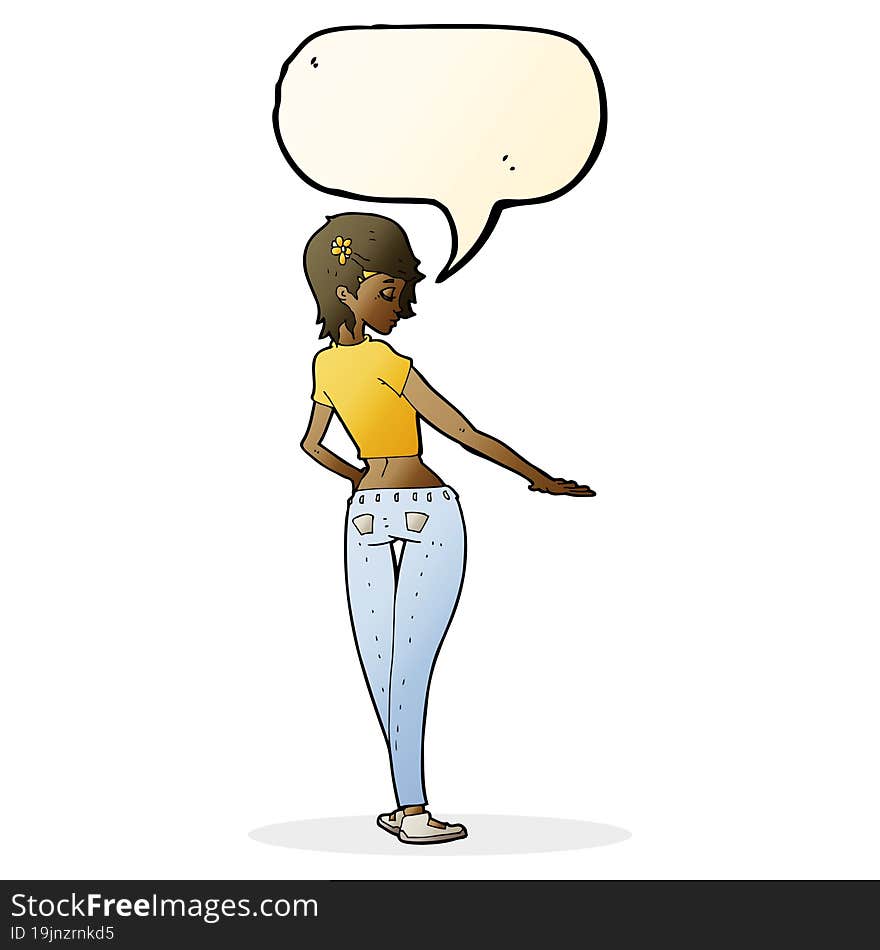 Cartoon Pretty Girl In Jeans And Tee With Speech Bubble