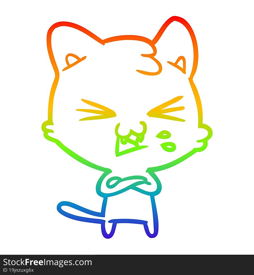 Rainbow Gradient Line Drawing Cartoon Cat Hissing