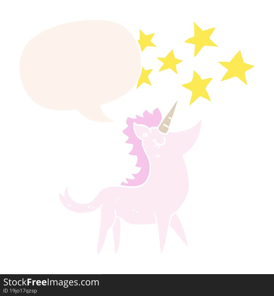 cartoon unicorn and speech bubble in retro style