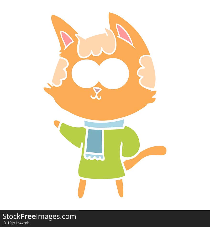 happy flat color style cartoon cat in winter clothes