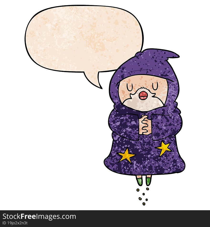 cartoon floating wizard with speech bubble in retro texture style