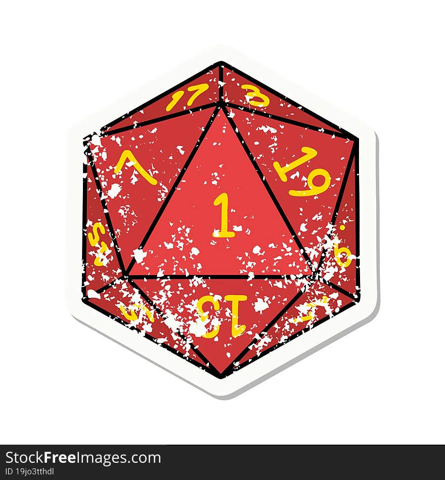 grunge sticker of a natural 1 D20 dice roll. grunge sticker of a natural 1 D20 dice roll