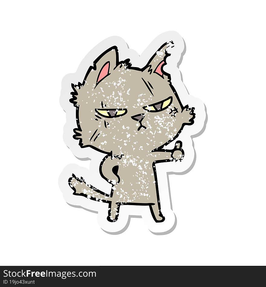 Distressed Sticker Of A Tough Cartoon Cat Giving Thumbs Up Symbol