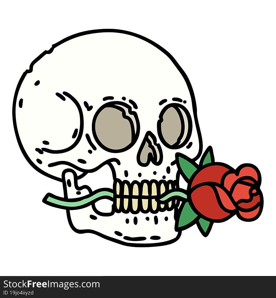 tattoo in traditional style of a skull and rose. tattoo in traditional style of a skull and rose