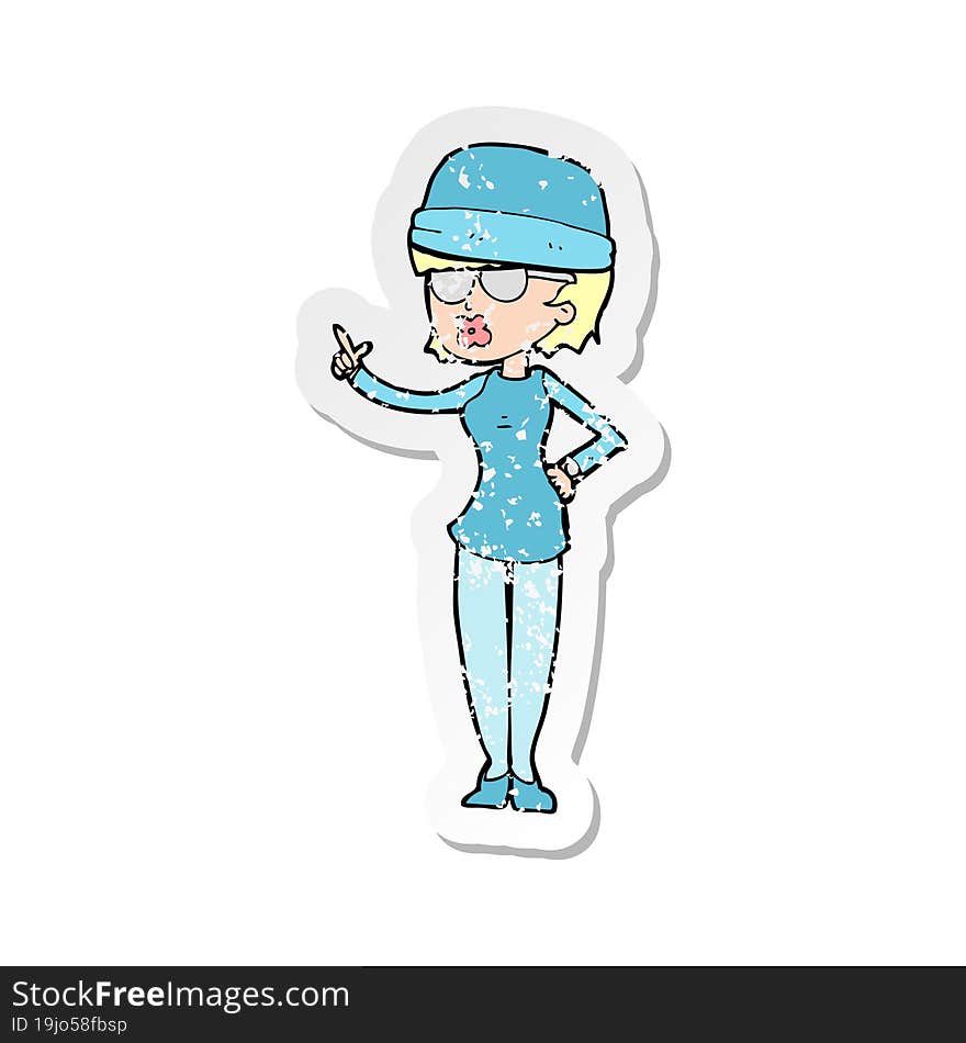 retro distressed sticker of a cartoon woman wearing winter hat