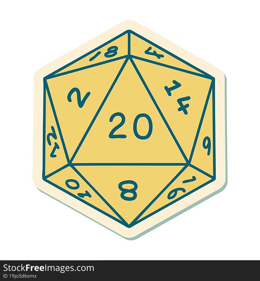 sticker of tattoo in traditional style of a d20 dice. sticker of tattoo in traditional style of a d20 dice