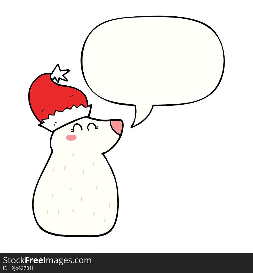 cartoon bear wearing christmas hat and speech bubble