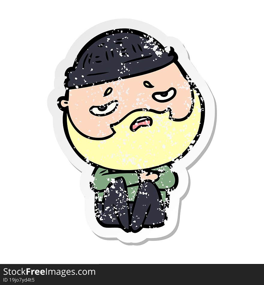 distressed sticker of a cartoon worried man with beard