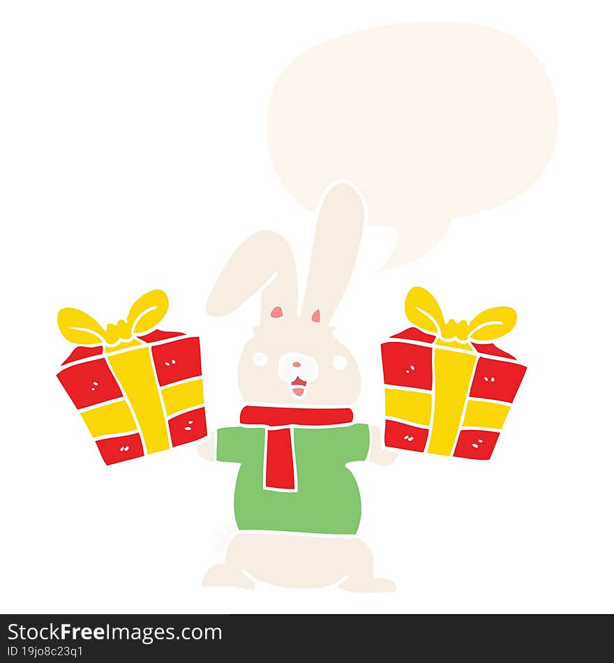 cartoon rabbit with christmas presents with speech bubble in retro style. cartoon rabbit with christmas presents with speech bubble in retro style