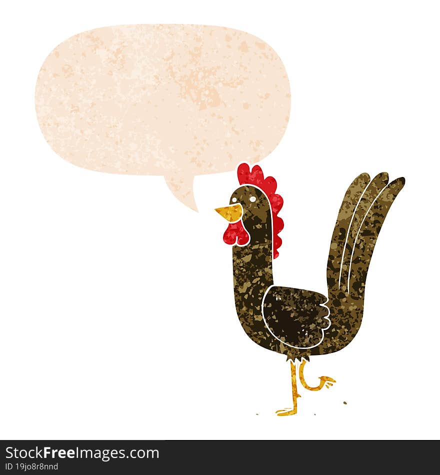 Cartoon Rooster And Speech Bubble In Retro Textured Style