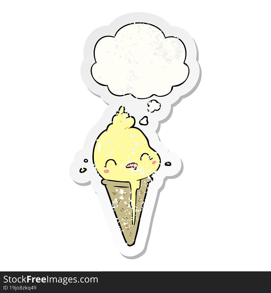 Cute Cartoon Ice Cream And Thought Bubble As A Distressed Worn Sticker