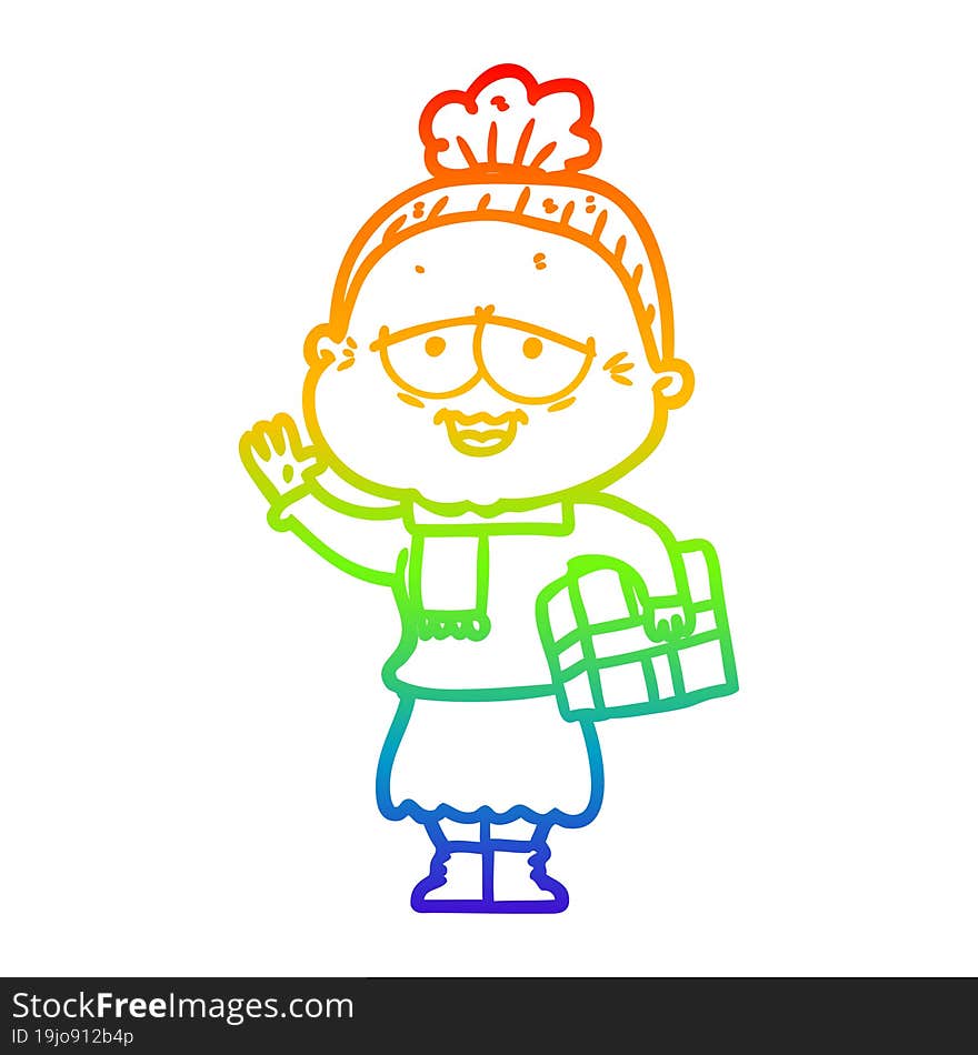 Rainbow Gradient Line Drawing Cartoon Happy Old Lady