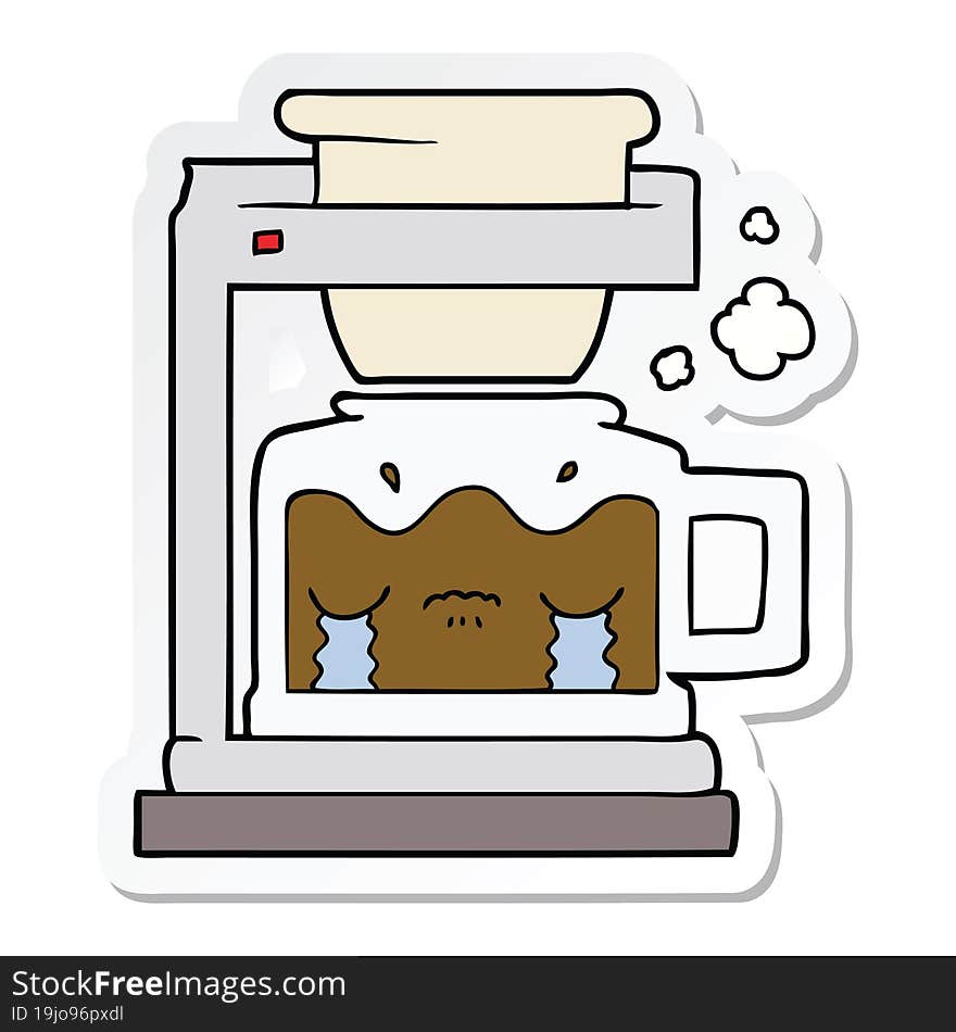 sticker of a cartoon crying filter coffee machine