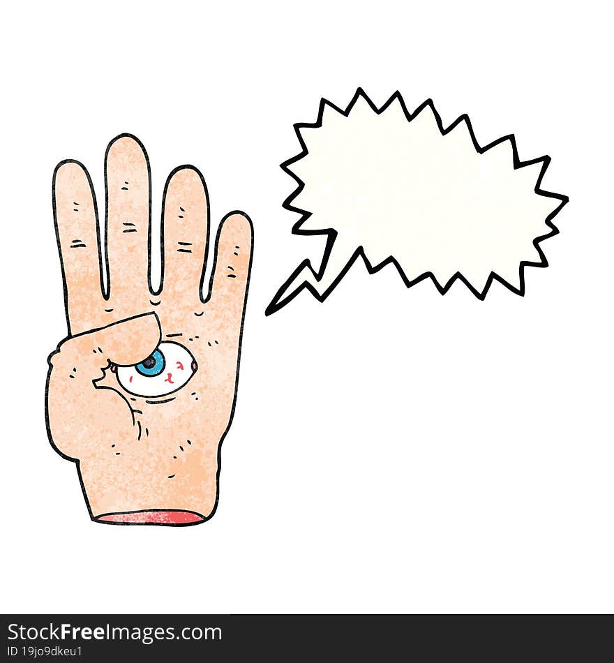 freehand speech bubble textured cartoon spooky hand with eyeball