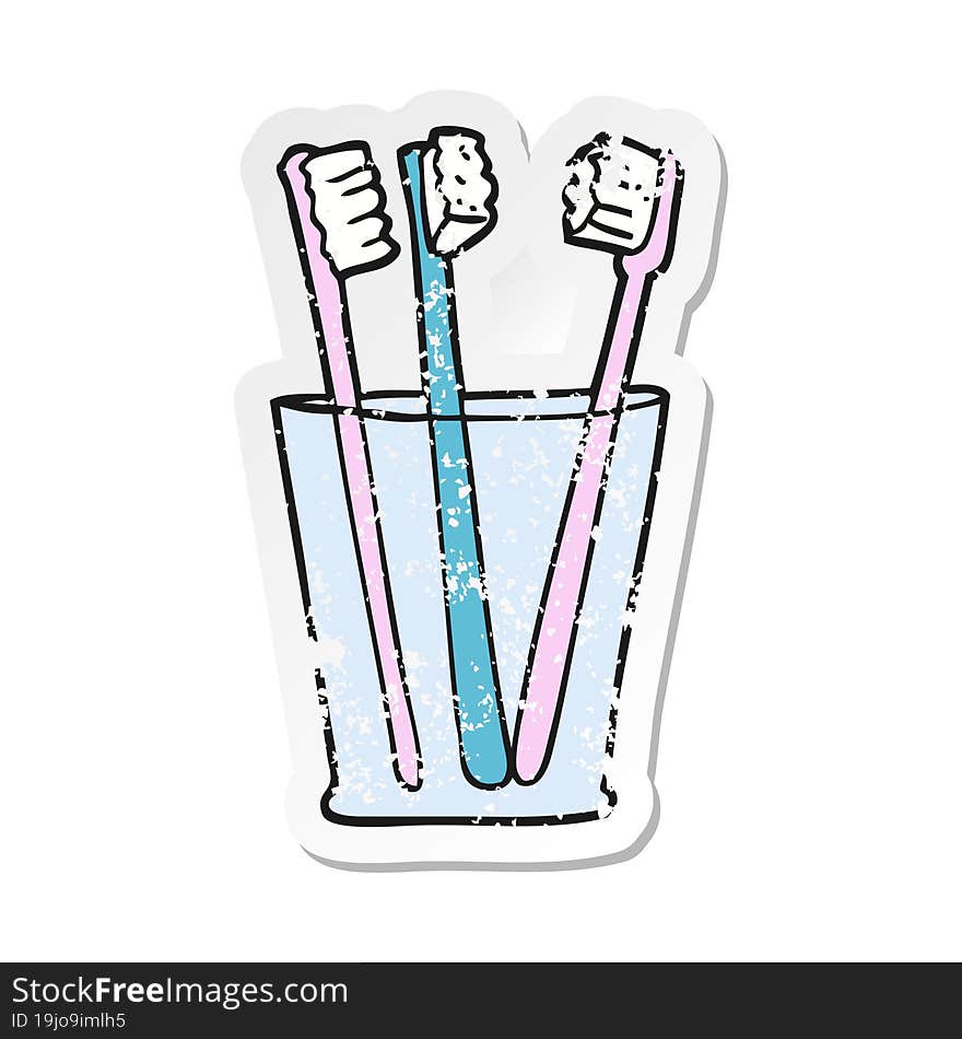 retro distressed sticker of a cartoon glass and toothbrushes