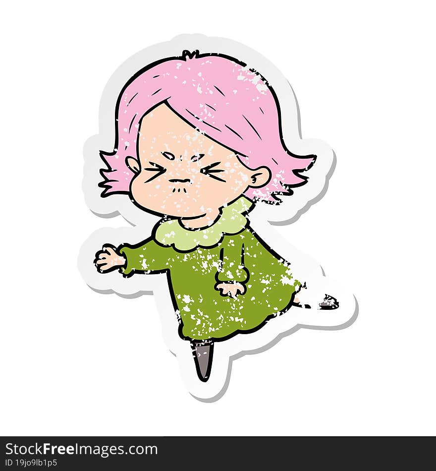 distressed sticker of a cartoon angry woman