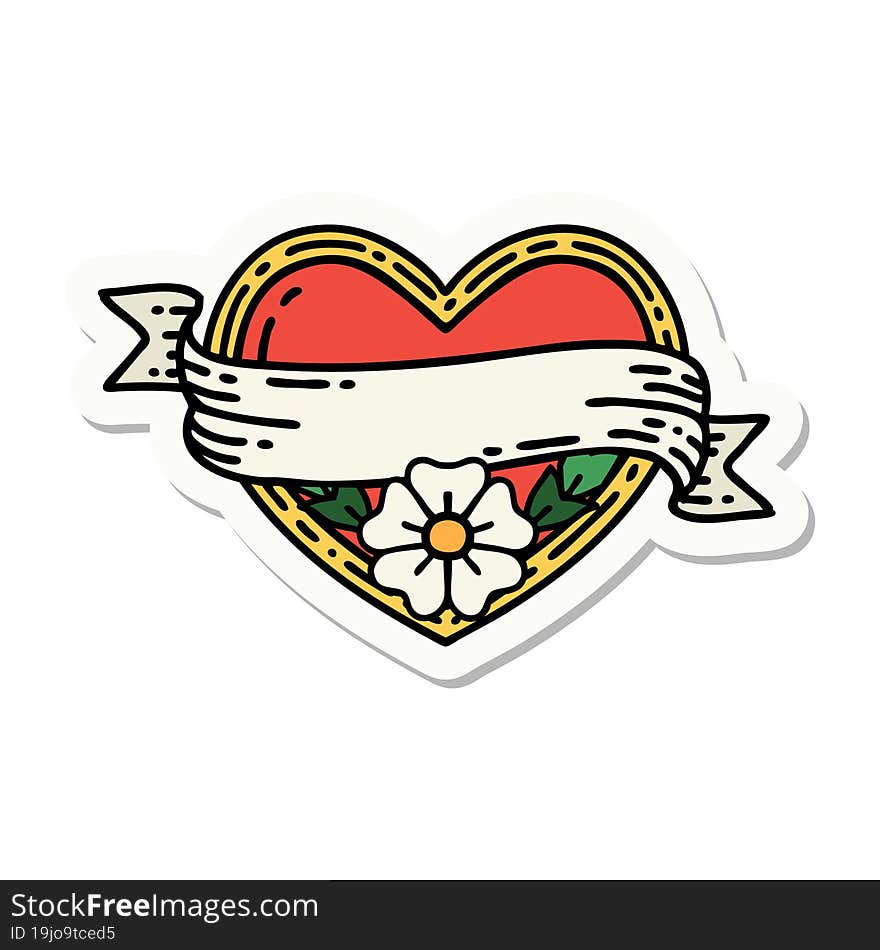 Tattoo Style Sticker Of A Heart And Banner With Flowers