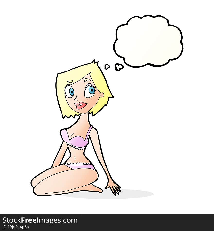 cartoon pretty woman in underwear with thought bubble