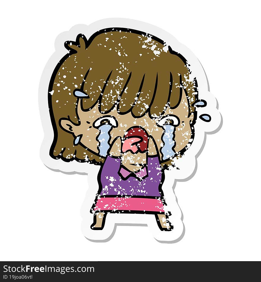 distressed sticker of a cartoon girl crying