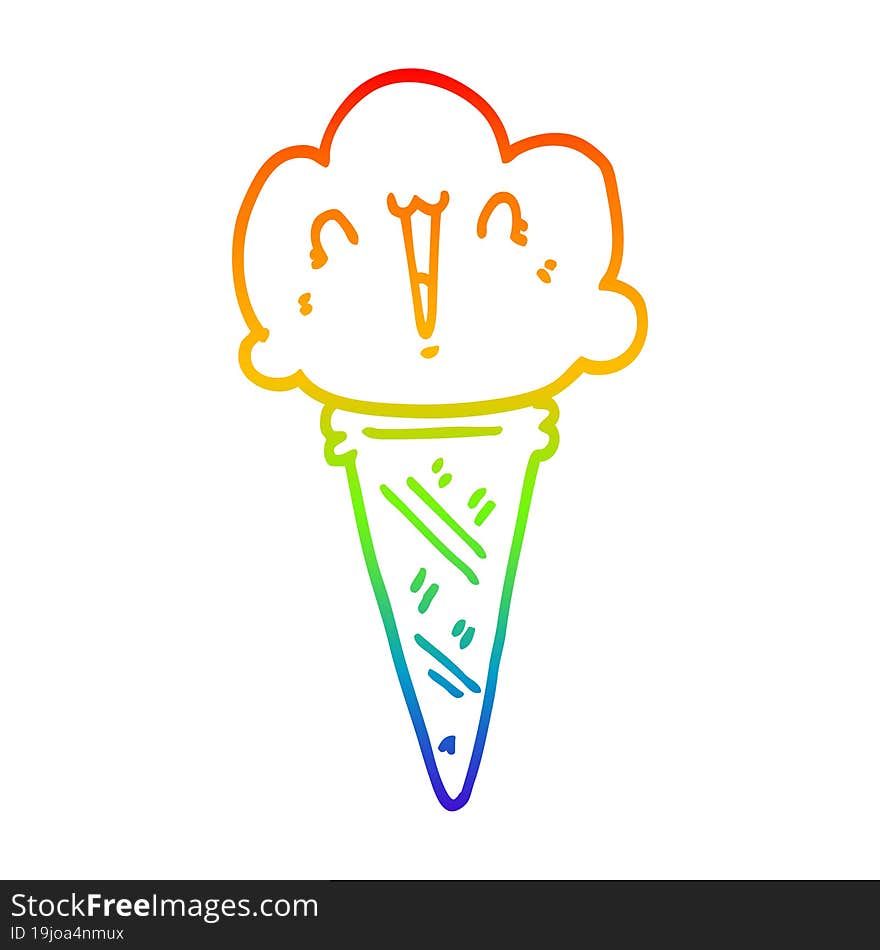 rainbow gradient line drawing of a cartoon ice cream with face