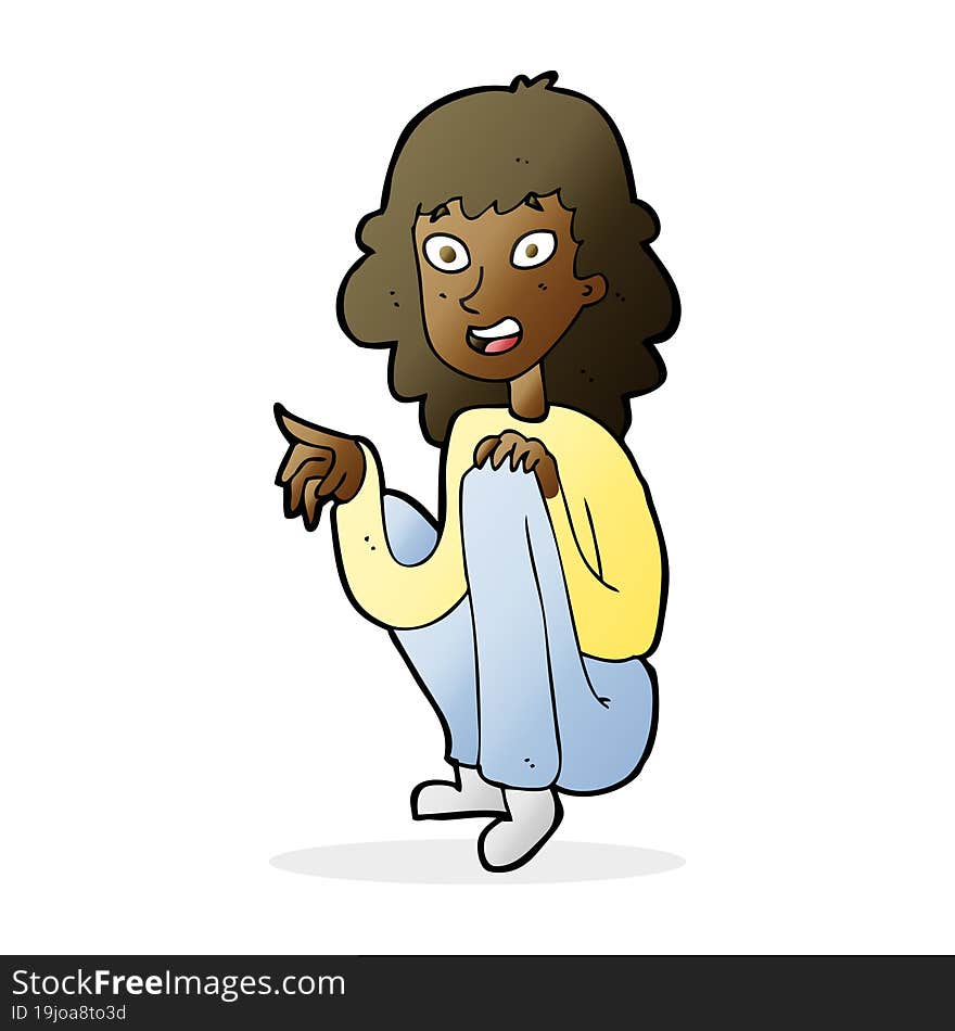 cartoon happy woman sitting and pointing