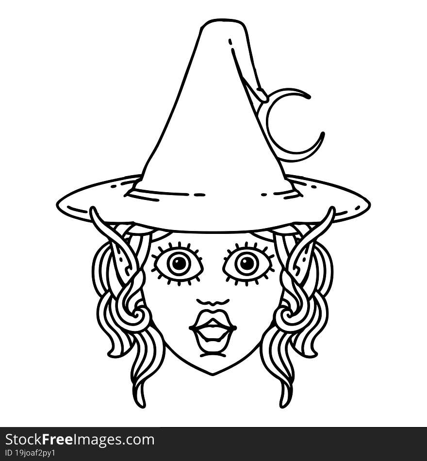 Black and White Tattoo linework Style elf mage character face. Black and White Tattoo linework Style elf mage character face