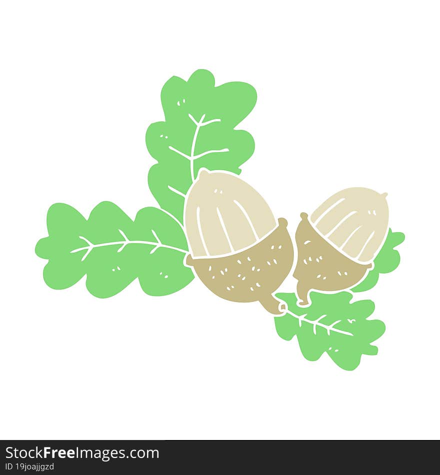 flat color illustration of a cartoon acorns and leaves