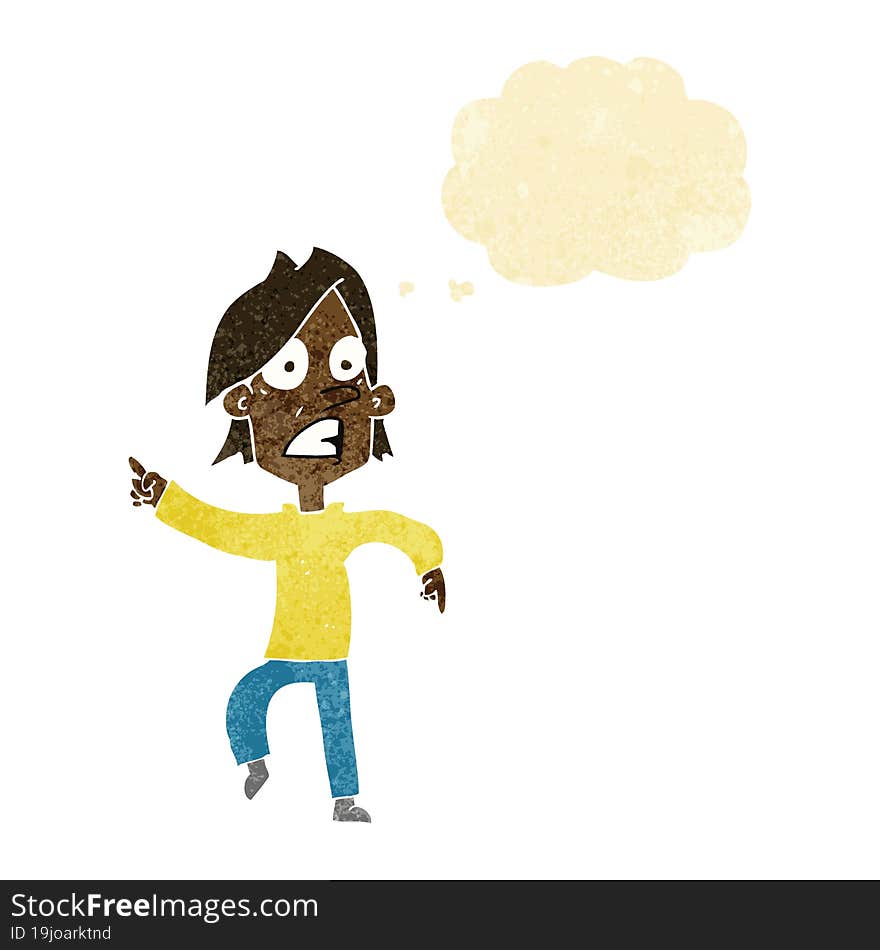 cartoon worried man pointing with thought bubble