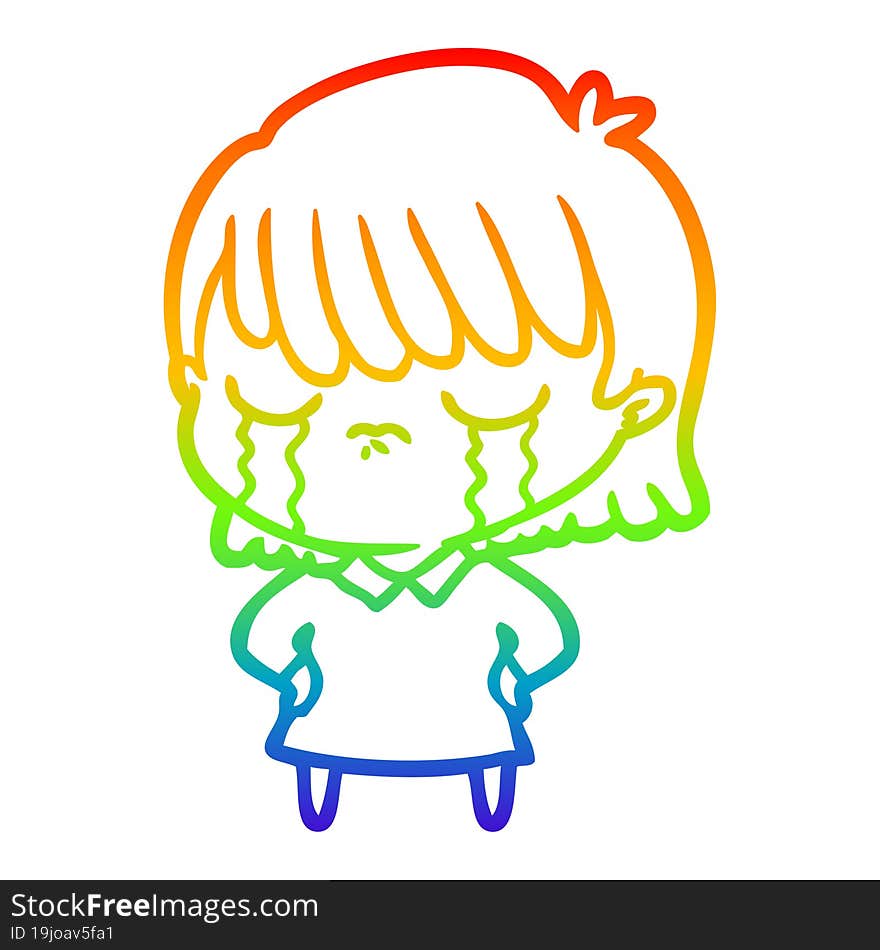 rainbow gradient line drawing of a cartoon woman crying