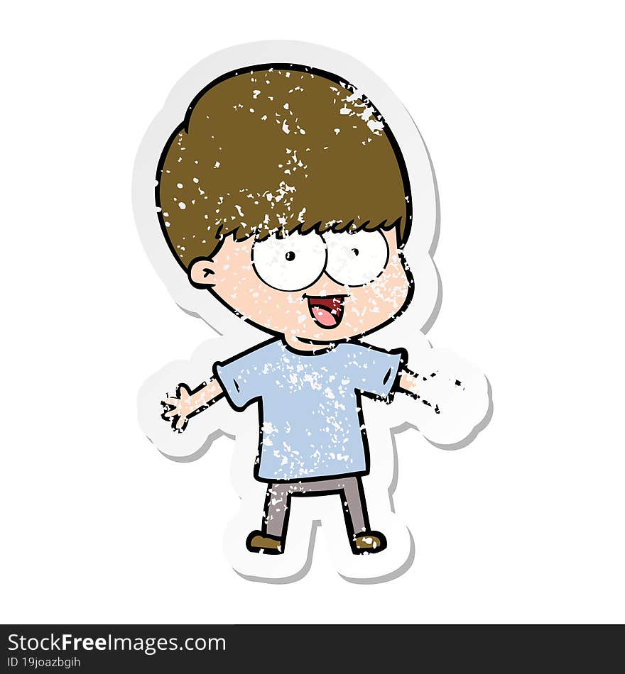 distressed sticker of a happy cartoon boy