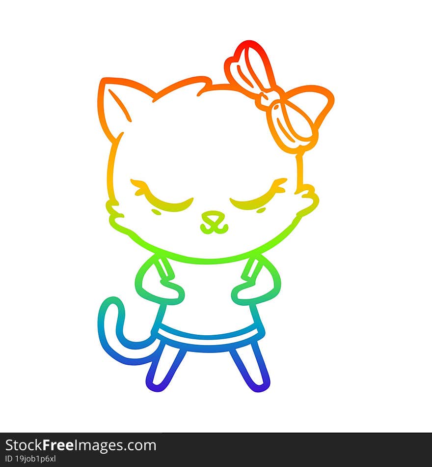 rainbow gradient line drawing cute cartoon cat with bow