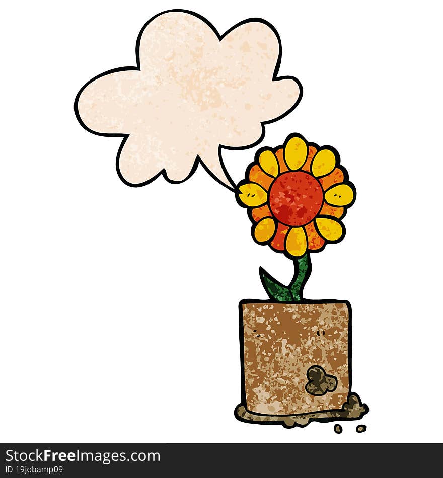 cartoon flower and speech bubble in retro texture style