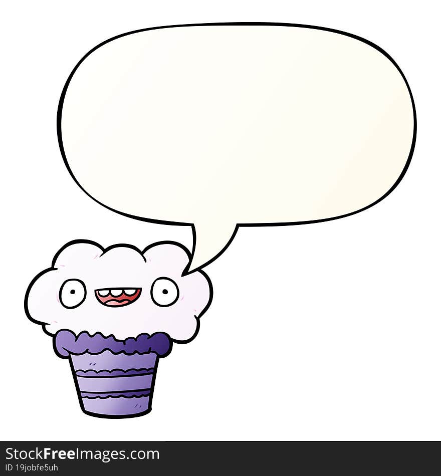 funny cartoon cupcake and speech bubble in smooth gradient style