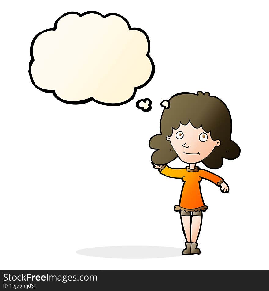 cartoon friendly woman waving with thought bubble