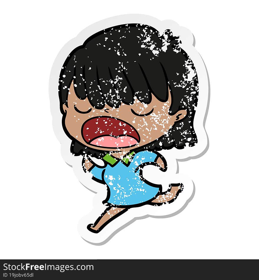 distressed sticker of a cartoon woman talking loudly