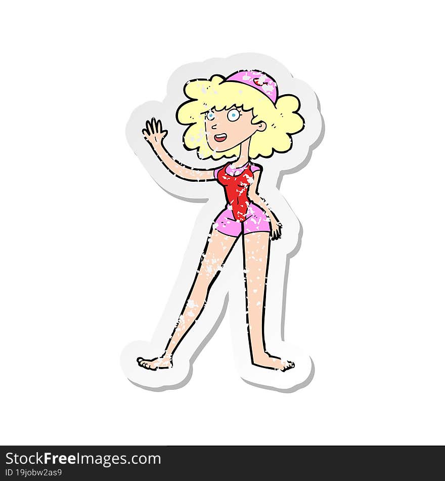 retro distressed sticker of a cartoon swimmer woman