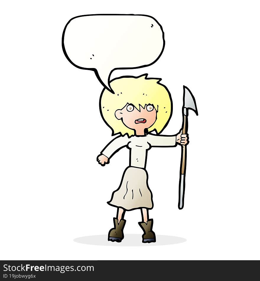 cartoon woman with harpoon with speech bubble